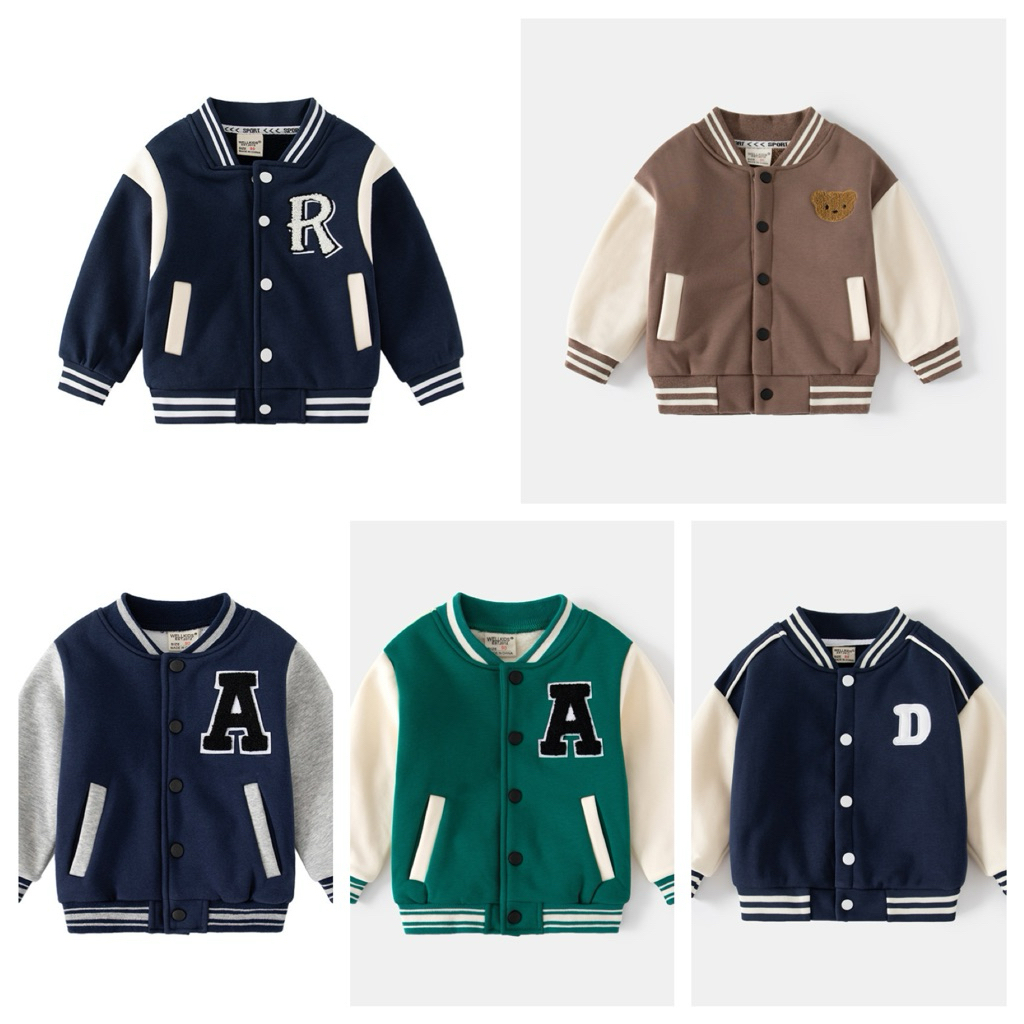 เสื้อแจ็กเก็ตเบสบอล แขนยาว คอกลม คอวีพิมพ์ลายตัวอักษร สีตัดกัน แฟชั่นฤดูใบไม้ร่วง ฤดูหนาว สําหรับเด็กผู้ชาย