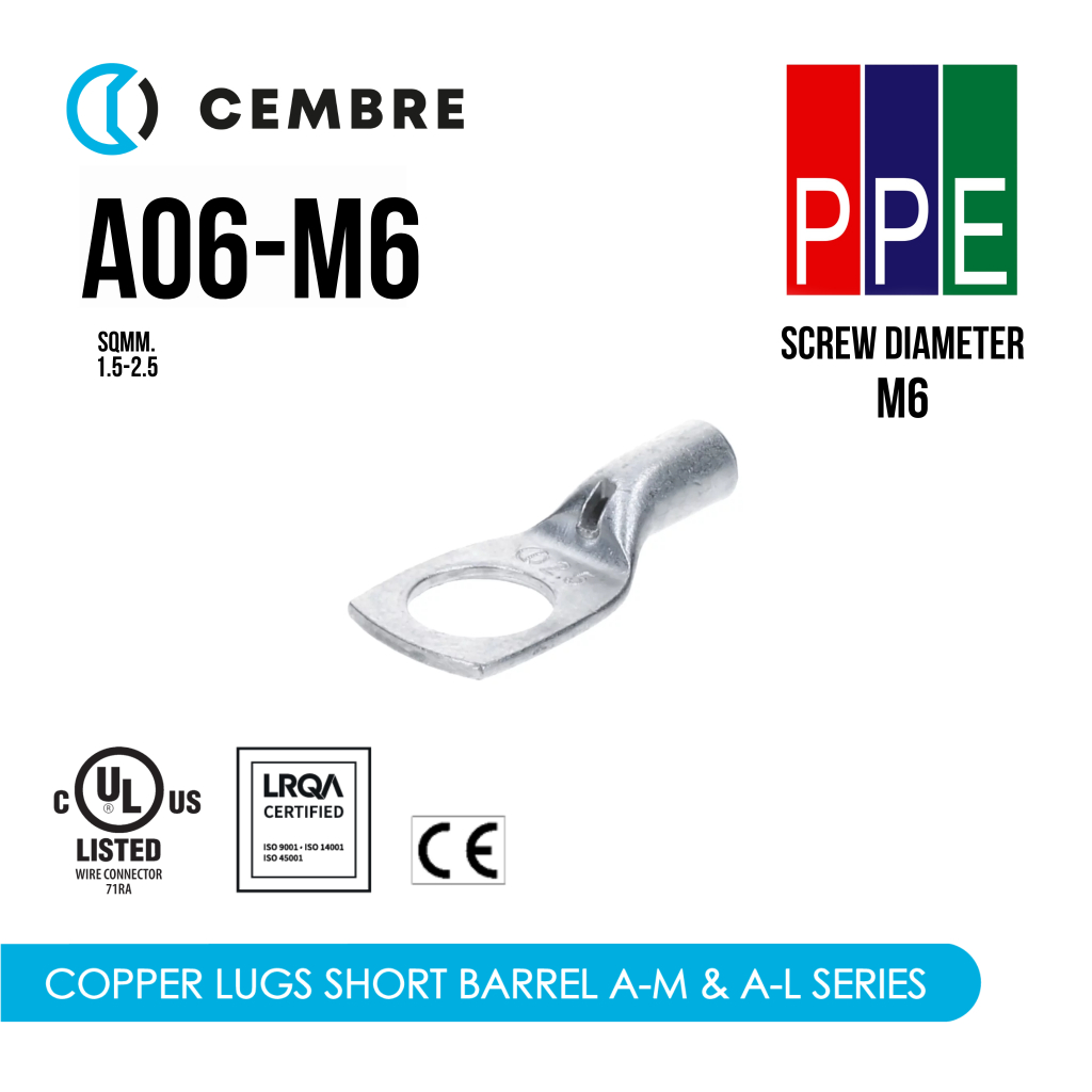 A06-M6 [Cembre] หางปลาหนาทรงยุโรป Type A-M ขนาดสาย 1.5-2.5 sqmm. รูน๊อต M6 Copper Tube Crimping Lugs