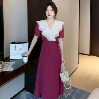 สินค้าพร้อมส่ง เดรสยาว oversize แฟชั่นสไตล์เกาหลี คอระบาย แขนสั้น ทรงเอ ช่วยพรางหุ่น เดรสแฟชั้นผู้หญิง ชุดเดรส ไป ทะเล