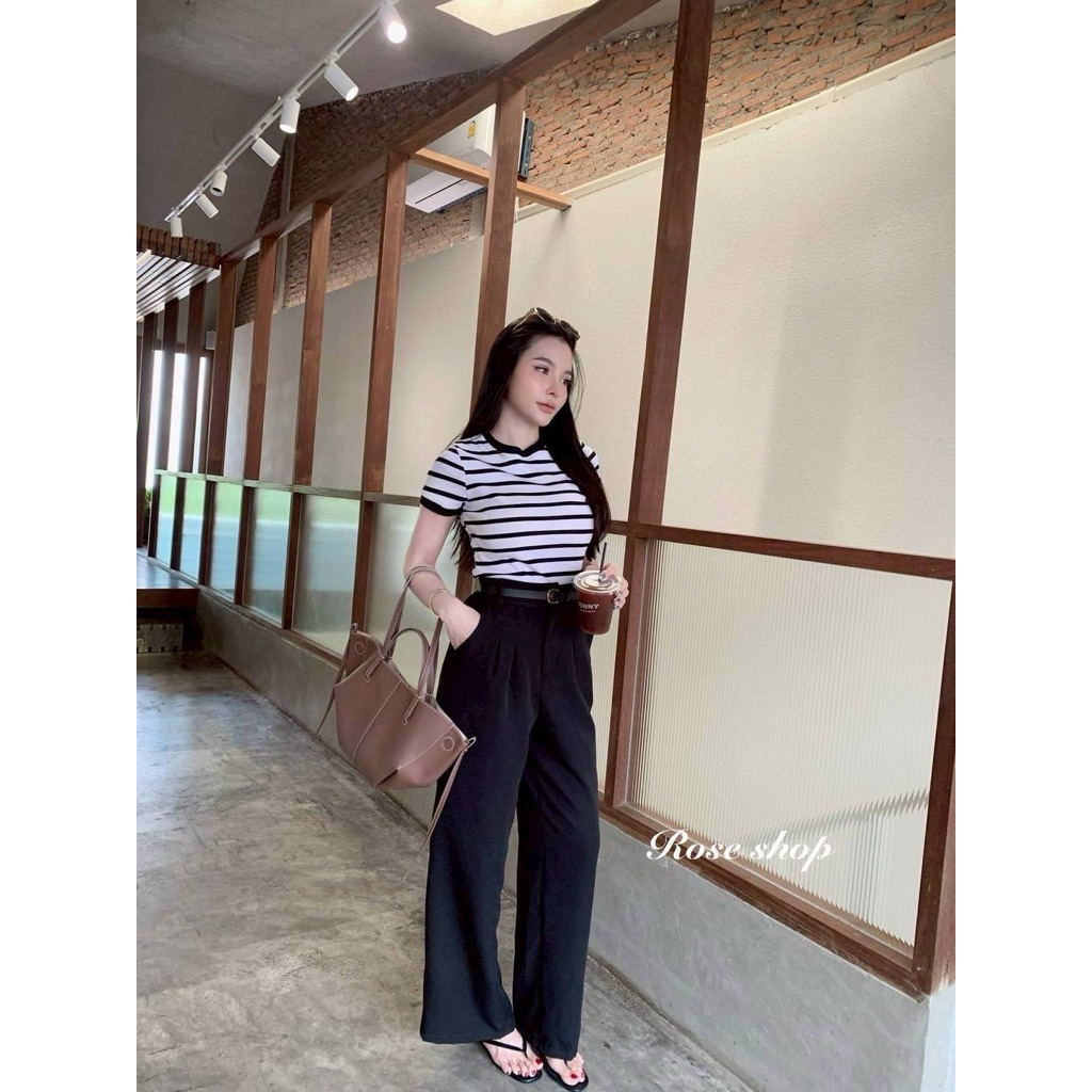 #Roseshop set 2 ชิ้น เสื้อบอดี้สูทลายริ้วแขนสั้น มาพร้อมกับ ขายาวแมทคู่กับเข็มขัดแบบสาวติดแกรม ใส่ชิวๆชิคๆ