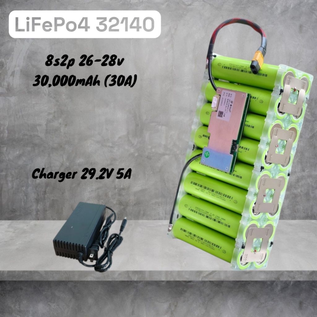 แบตเตอรี่แพ็ค 8S2P ลิเทียมฟอสเฟต BMS 30A,50A,60A LiFePo4 8s2p 26-28v 30,000mAh (30A)