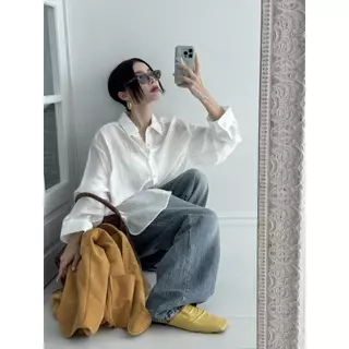Beryl 🌻เสื้อเชิ้ตแขนยาวผู้หญิง เสื้อเชิ้ตกันแดดสีพื้น คอปกคลาสสิก ปลายเสื้อโค้ง ทรงหลวม สไตล์เกาหลีลำลอง