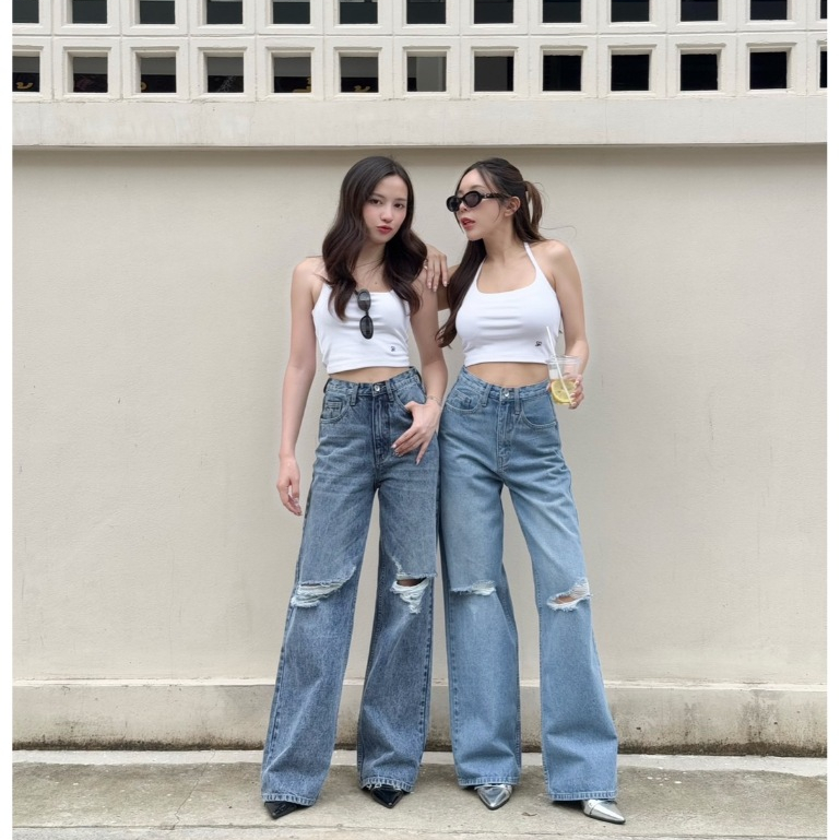 ยีนส์SARAN SR038 กางเกงยีนส์ทรงกระบอกแต่งขาด
