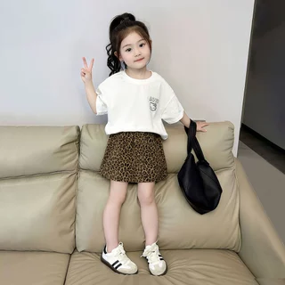 Beryl kids🌸ชุดสูทเด็กผู้หญิง🎀ชุดเด็กลำลองสองชิ้น เสื้อยืดแขนสั้นการ์ตูนน่ารัก กระโปรงสั้นลายเสือ สไตล์เกาหลี ฤดูร้อน