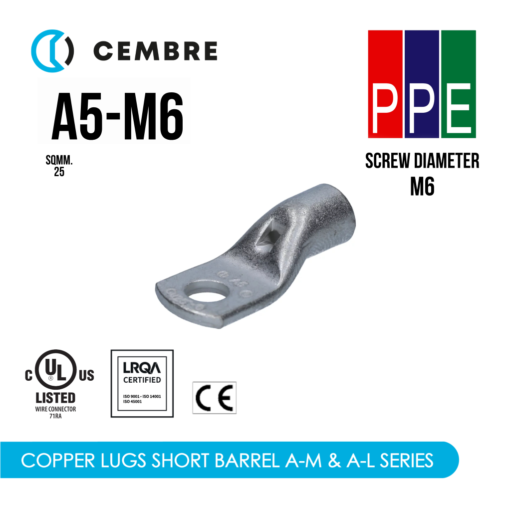 A5-M6 [Cembre] หางปลาหนาทรงยุโรป Type A-M ขนาดสาย 25 sqmm. รูน๊อต M6 Copper Tube Crimping Lugs