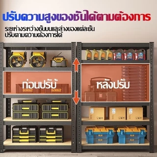 ชั้นวางของเหล็ก โครงเหล็กทั้งหมดสามารถรับน้ำหนักได้ 800 กิโลกรัม มีห้าชั้นแต่ละชั้นสามารถปรับความสูง