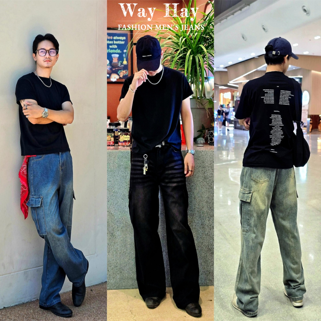 Cargo jeans ผลิตจากผ้ายีนส์แท้คุณภาพสูง Match Look ได้ง่ายมาพร้อมกระเป๋า6ช่อง