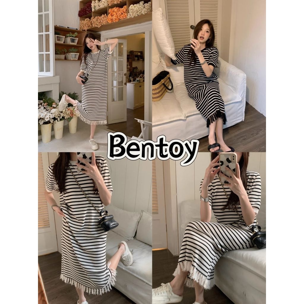 Bentoy(15XL20)ชุดเดรสไหมพรม แขนสั้นแบบยาว ลายทางสีพื้น ชุดเรียบๆง่าย สวยลูกคุณหนู