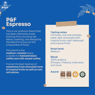 P&F Espresso Blend ขนาด 250g เมล็ดกาแฟคั่ว Arabica 100% (คั่วกลาง) | P&F Coffee พี แอนด์ เอฟ คอฟฟี่