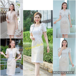 เดรสผ้าไทย สีขาวทอง ผ้าฝ้ายลายหยดเทียน ทรงเสื้อกั๊ก ชนเชิง พร้อมส่ง