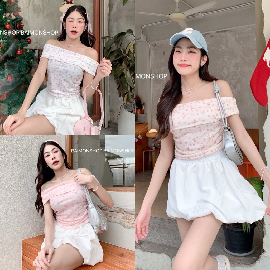 🌸OVP🌸 เสื้อเกาะอกปาดไหล่ ผ้ายืด ลายโบว์ดอกไม้ แต่งย่นด้านข้าง เสื้อแฟชั่น
