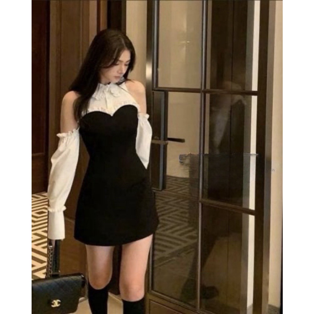 ชุดเดรส  เดรสเว้าไหล่ แขนยาว แฟชั่นผู้หญิง เดรสรัดรูป เดรสสั้น กระโปรง ผ้าวูลเวฟช่วงผ้าแต่งผ้าไหมอิตาลี A6750