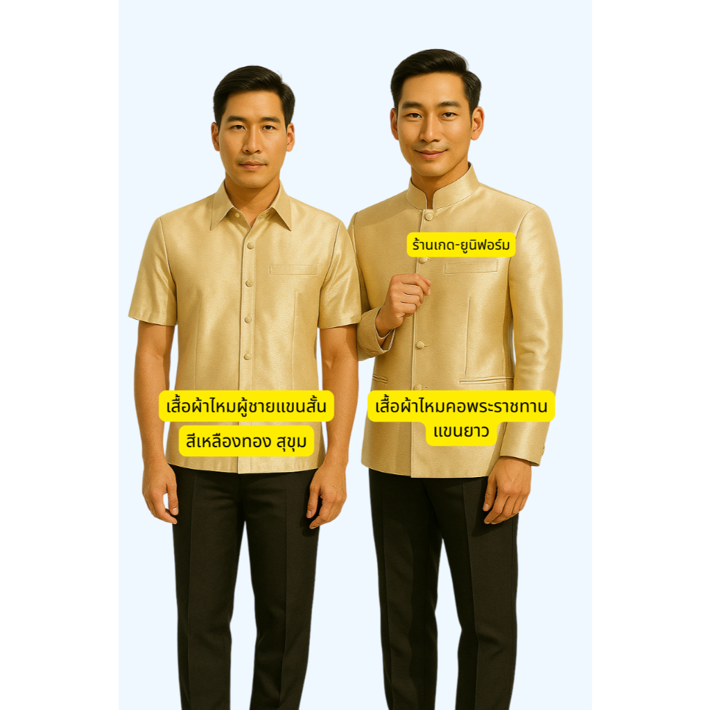เสื้อผ้าไหมผู้ชายสีเหลือง (แยกชิ้น) แขนสั้น หรือแขนยาว เสื้อพระราชทานสีเหลืองทอง