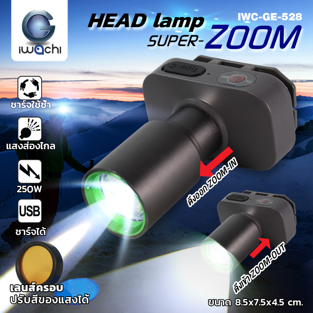 IWACHI ไฟฉายคาดหัว LED ตัวดัง ไฟหน้าผาก ไฟฉายคาดศรีษะ กรีดยาง ตกปลา ส่องกบ เลนส์ซูมเข้าออกได้ 1 ชุด