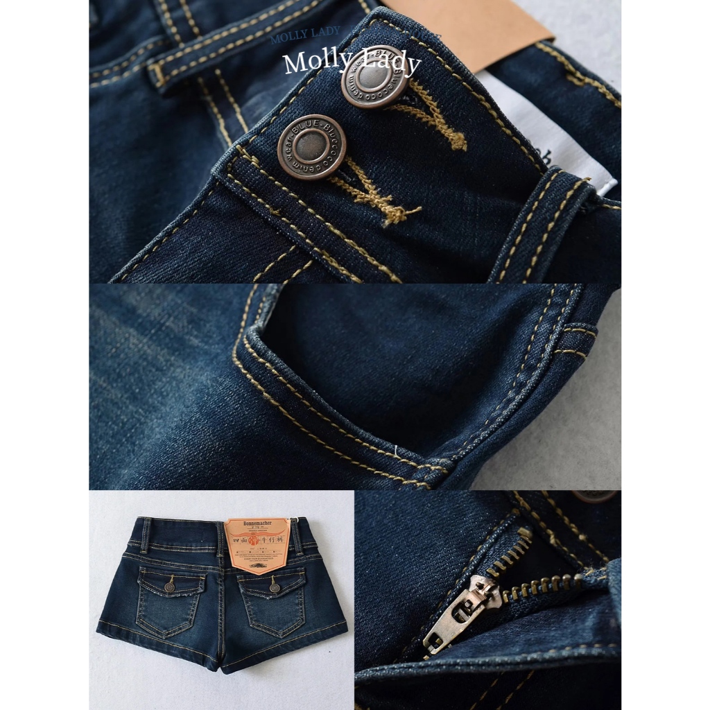 Molly Lady❤️  Jeans Shorts กางเกงยีนส์ขาสั้นเอวต่ำ สองกระดุม  ผ้ายีนส์แท้ Denim shorts - รูปที่ 7