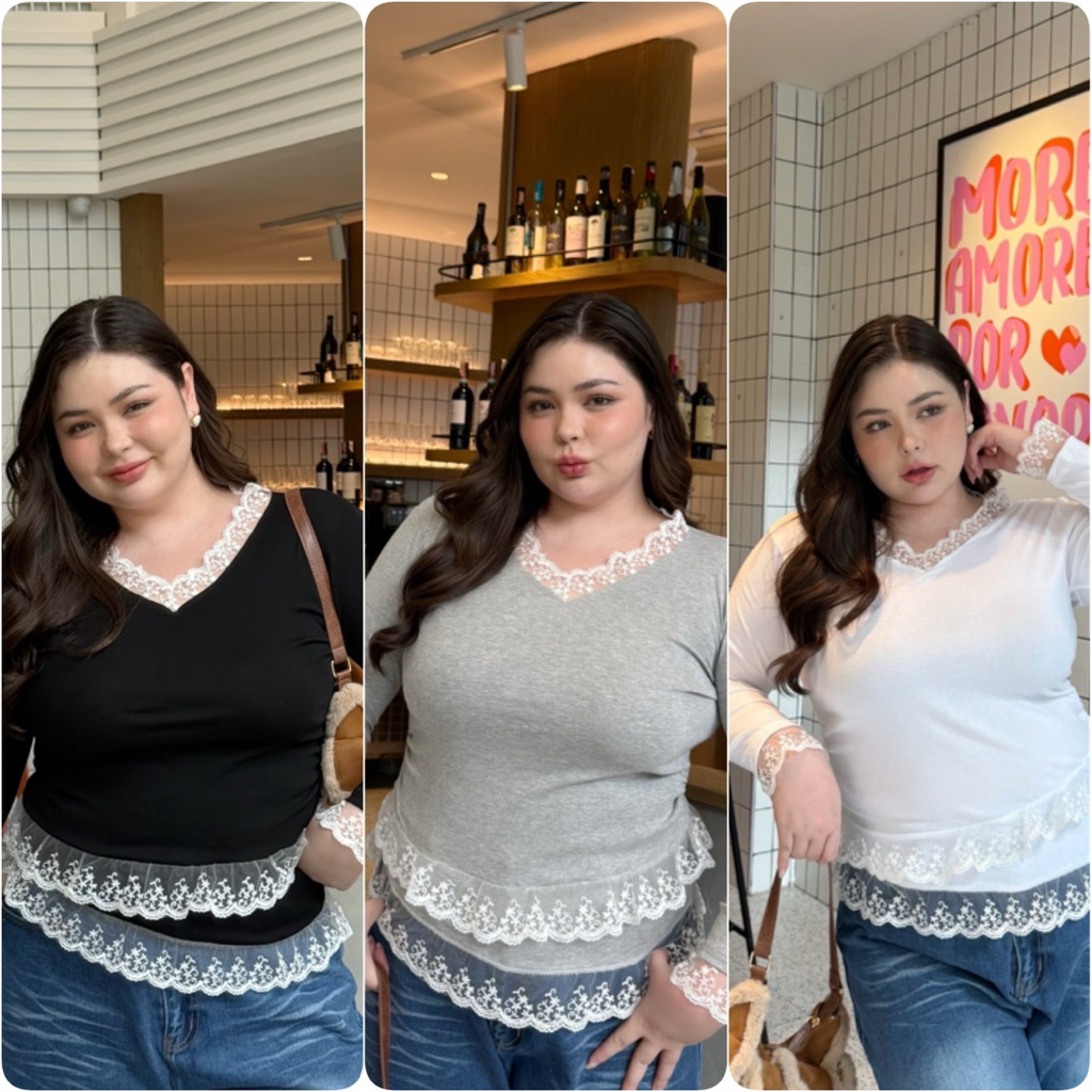 เสื้อครอปแขนยาว คอวีแต่งลูกไม้ ดีเทลย่นเอวเข้ารูป พร้อมแต่งชาย 2 ชั้น เนื้อผ้ายืดยูนิโคล่