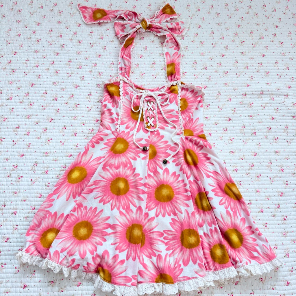 🌼🌼🌼Lizlisa เดรสผูกคอลายดอกไม้ทานตะวันมือสองแบรนด์ญี่ปุ่น🌼