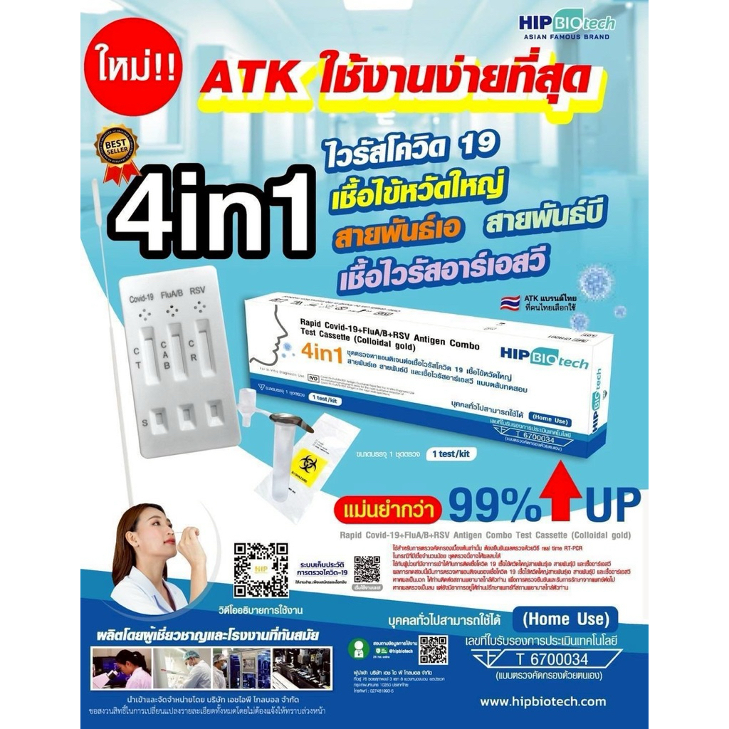ชุดตรวจไข้หวัดใหญ่ 4 เชื้อ HIP (4 in 1) Influ A/ Influ B//Covid-19/rsv v 4in1 (1เทสตรวจ) แม่นยำสูง 🔥