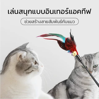 [🚚พร้อมส่ง]ไม้ล่อแมว ของเล่นแมว ไม้ตกแมว แบบโค้ง ปลายขนไก่ ขนนกหลายสี มีกระดิ่ง ไม้ตกแมวแบบสปริง