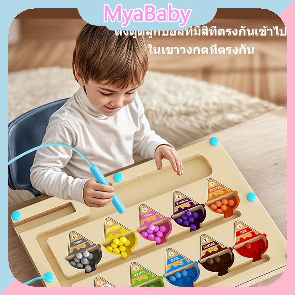 MyaBaby เกมกระดาน มีแม่เหล็กจำนวนลูกปัดเขาวงกต แยกสีลูกปัดแม่เหล็ก เกมฝึกสมอง อฝึกลากเส้น ทารกอายุ 2-6 ของของเล่นเสริมพั