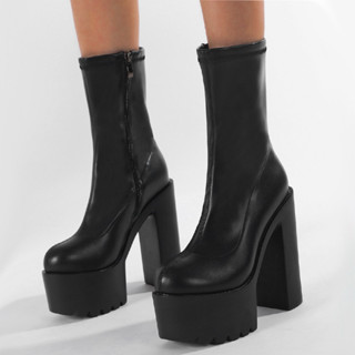 🇹🇭ส่งแมสได้🇹🇭 รองเท้าบู๊ทสั้นหนังpuสีดำส้นตึกสูง 5.5 นิ้ว พร…