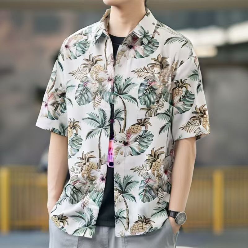 เสื้อฮาวายผู้ชายลายต้นมะพร้าว เสื้อเชิ้ตแขนสั้น เสื้อดอกไม้ฮาวายแฟชั่น สินค้าพร้อมส่ง