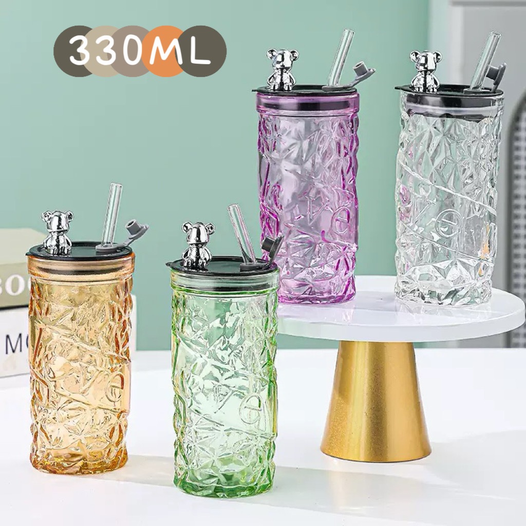 ปลีก/ส่ง แก้วน้ำทรงเพชร หรูหรา กระบอกน้ำมีฝาปิดพร้อมหลอด เลือกสีได้ 330ML