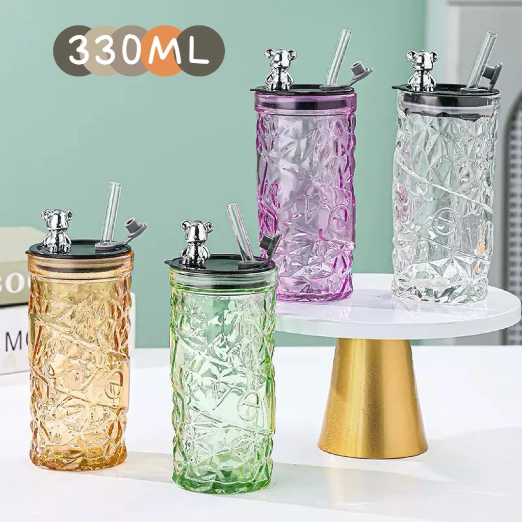 ปลีก/ส่ง แก้วน้ำทรงเพชร หรูหรา กระบอกน้ำมีฝาปิดพร้อมหลอด เลือกสีได้ 330ML