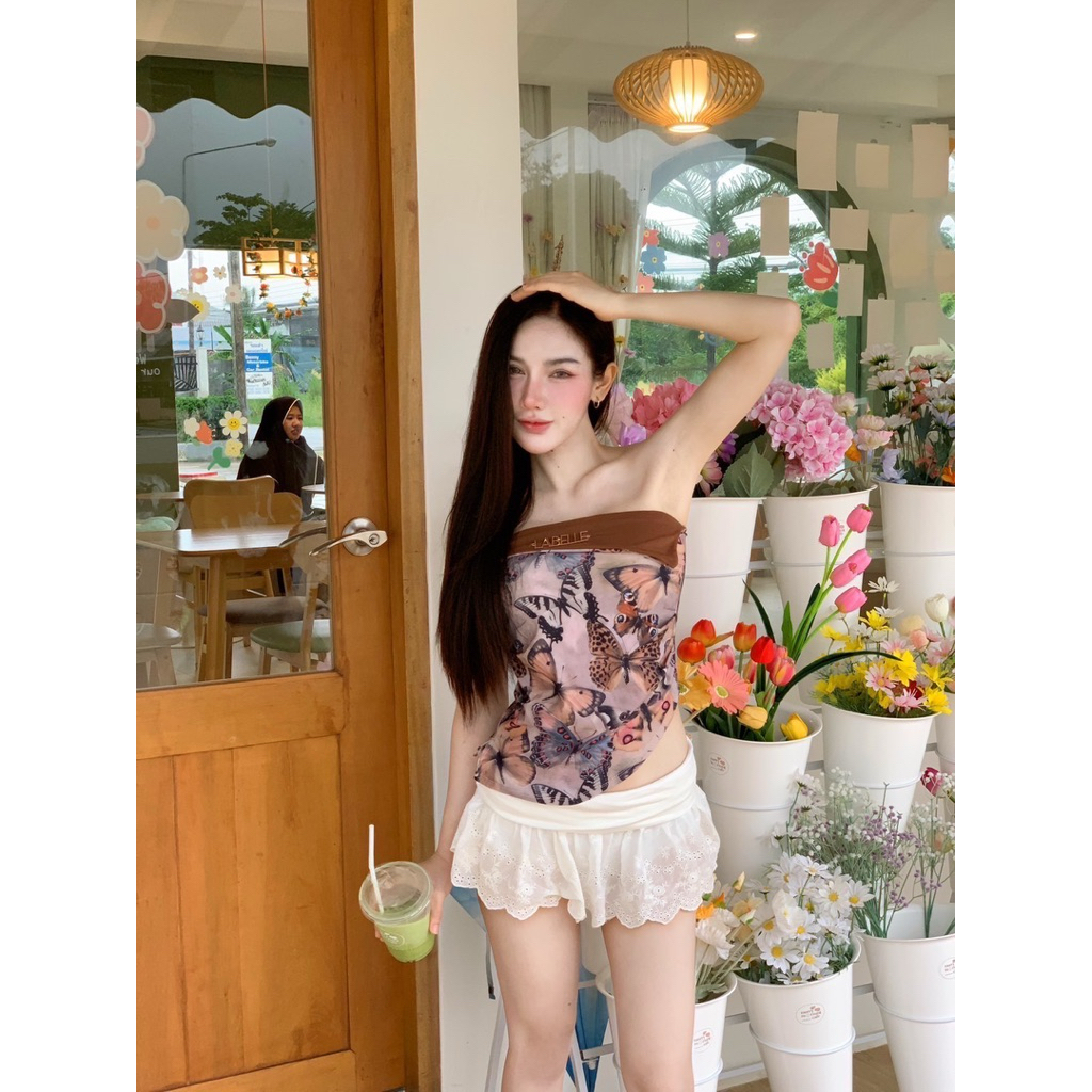 MNV STUDIO ผ้าity เกาะอกแต่งอะไหล่ ผ้าพิมพ์ลาย ผ้านิ่มยืด  เสริมฟองน้ำ