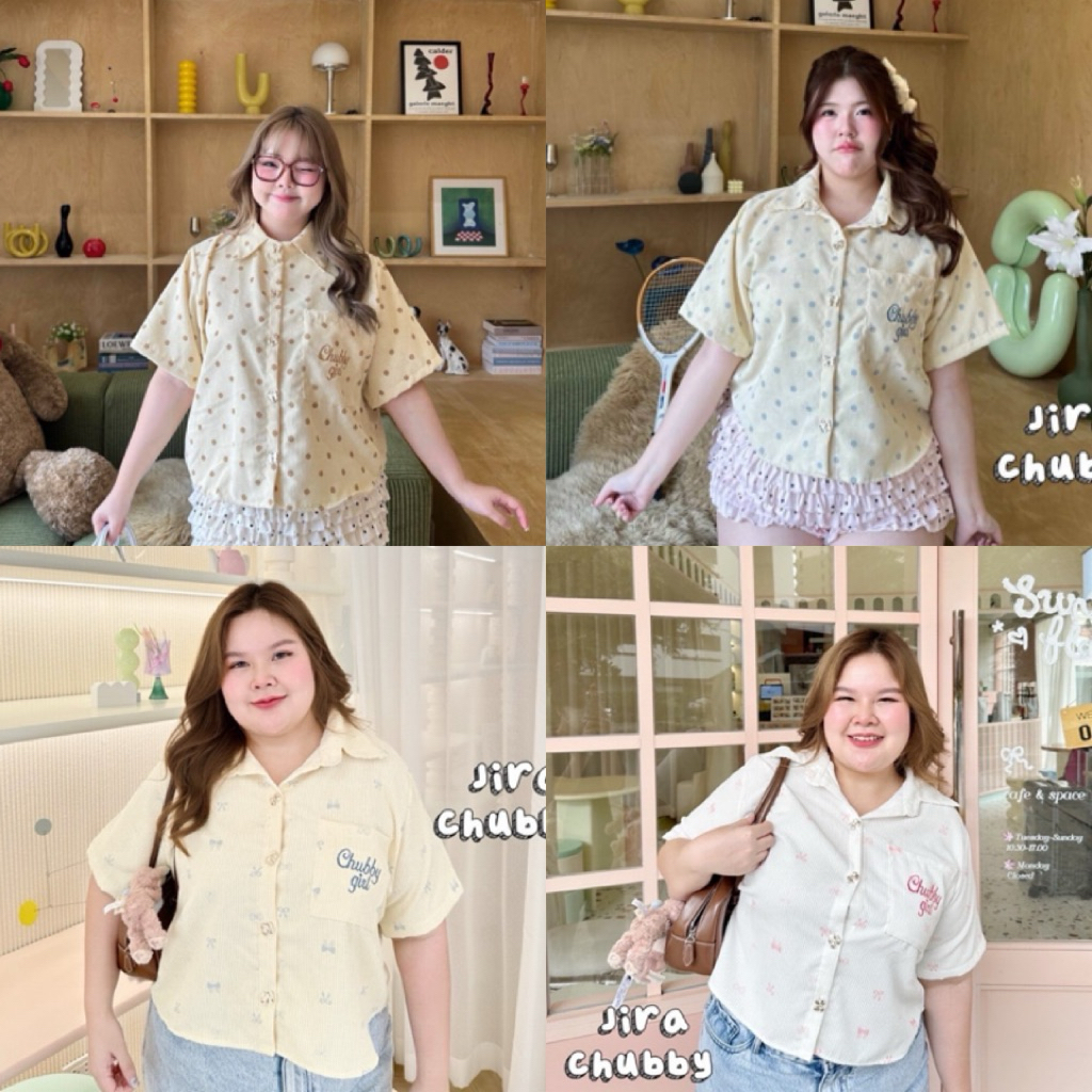 JR เสื้อเชิ้ตคอปกผ้าลูกฟูก ดีเทลปักที่กระเป๋า ไซส์ใหญ่ สาวอวบ