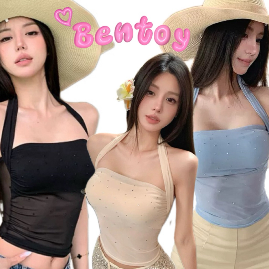 Bentoy(bratop852)เสื้อกล้ามคอกว้าง ฟองน้ำในตัว กากเพชรหน้าอก ผ้าซีทรูสุดฮอต แขนกุดู ทรงท่อ หน้าร้อน เซ็กซี่สุดๆ