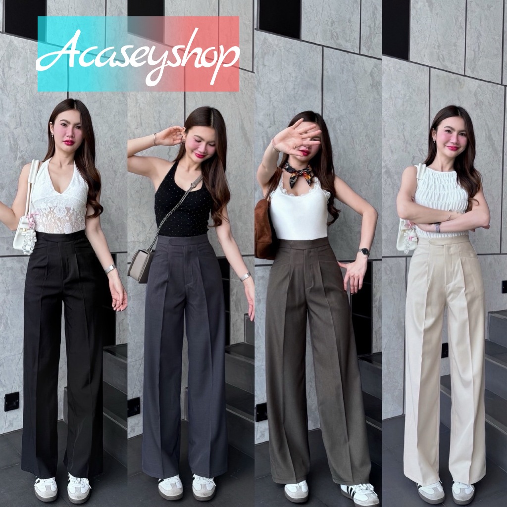 Acasey กางเกงขายาวผู้หญิง ขากระบอกใหญ่ ขอบยื่น กระเป๋าปืน ผ้าบัตเตอร์ แต่งกระเป๋าเหลี่ยม BR