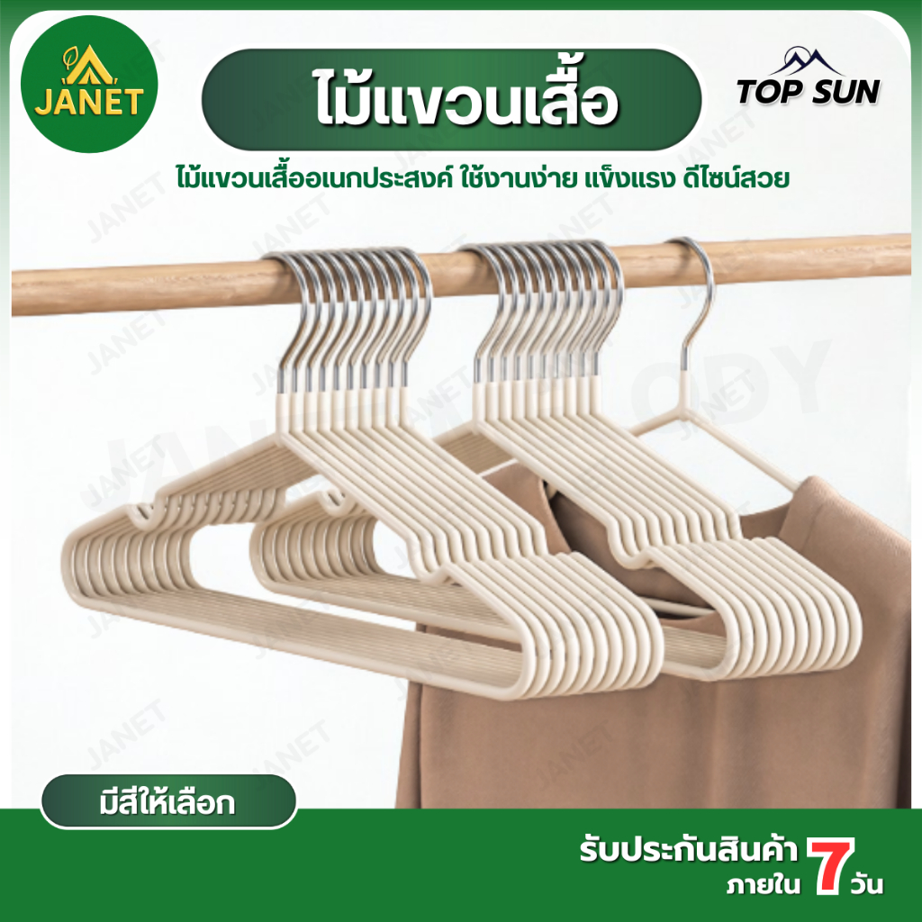 Janet ไม้แขวน เสื้อ หุ้มซิลิโคน กันผ้าลื่น ทนสนิม หัวสแดนเลส แข็งแรงทนทาน ขนาดใหญ่ 40x20cm