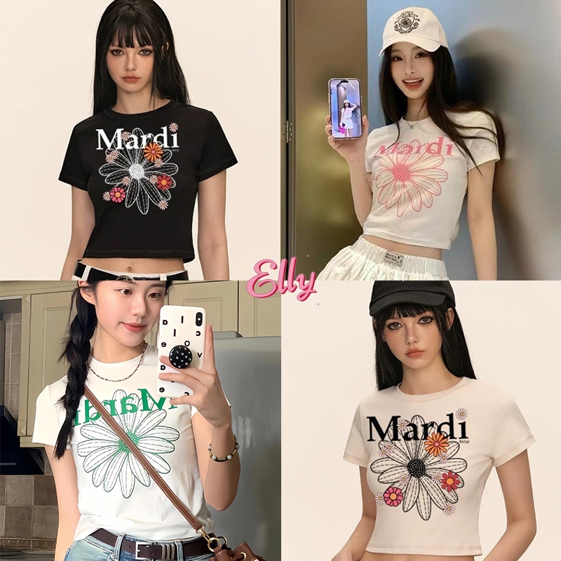 ELLY พร้อมส่ง🌸เสื้อยืดแขนสั้น🌸คอกลมเสื้อครอป เสื้อครอป น่ารัก สไตล์เกาหลี Y2Kผ้าซีทร ลายดอกไม้ เสื้อยืดแขนสั้น น่ารักๆ