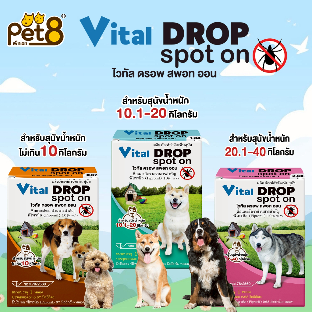 ผลิตภัณฑ์กำจัดเห็บแบบหยดหลังคอ ยาหยดสุนัข Vital Drop Spot On 1หลอด ทะเบียน อย.วอส78/2560 มี3 ขนาด ให้เลือก