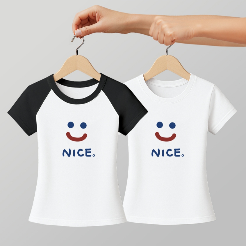 เสื้อยืดรัดรูปผู้หญิง คอกลม-แขนสั้น สกรีนลายยิ้มน่ารัก baby tee เสื้อยืดแฟชั่นสวยๆ เสื้อยืดเข้ารูป