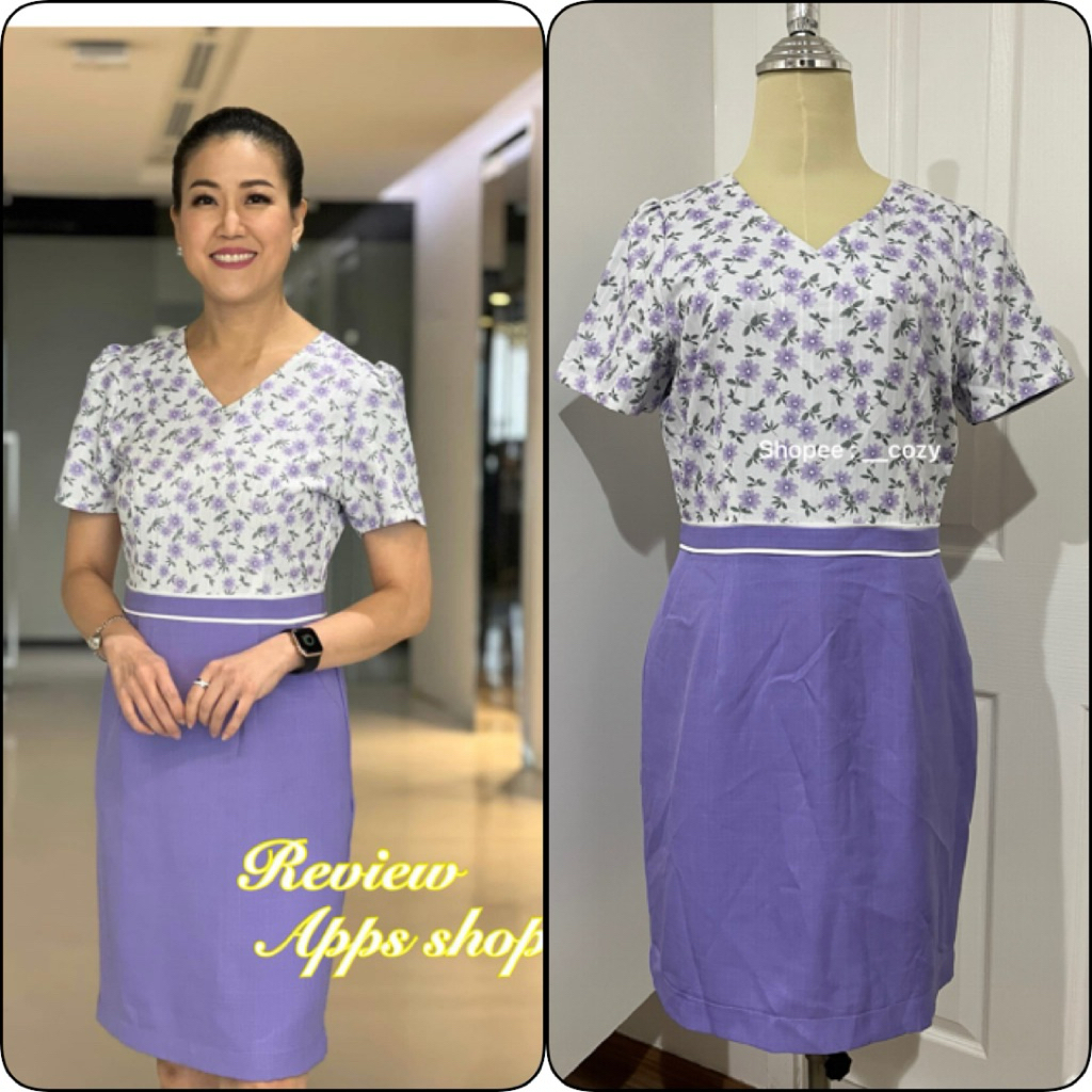 APPS Shop (2nd) : M เดรสทำงาน ชุดออกงาน พิมพ์ลายดอกไม้ สีม่วง