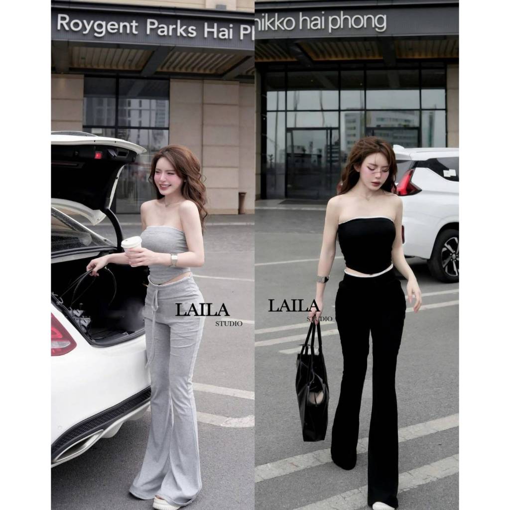 Laila Set เสื้อ+กางเกง เสื้อทรงเกาะอกเข้ารูป มาในโทนสีเรียบๆ ตัวเสื้อแต่งขอบลูกไม้