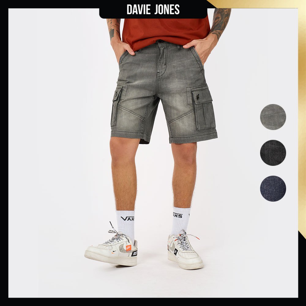 DAVIE JONES [BE FEARLESS] กางเกงคาร์โก้ขาสั้น Relax Fit Cargo Shorts สีเทา ดำ กรม SP0010