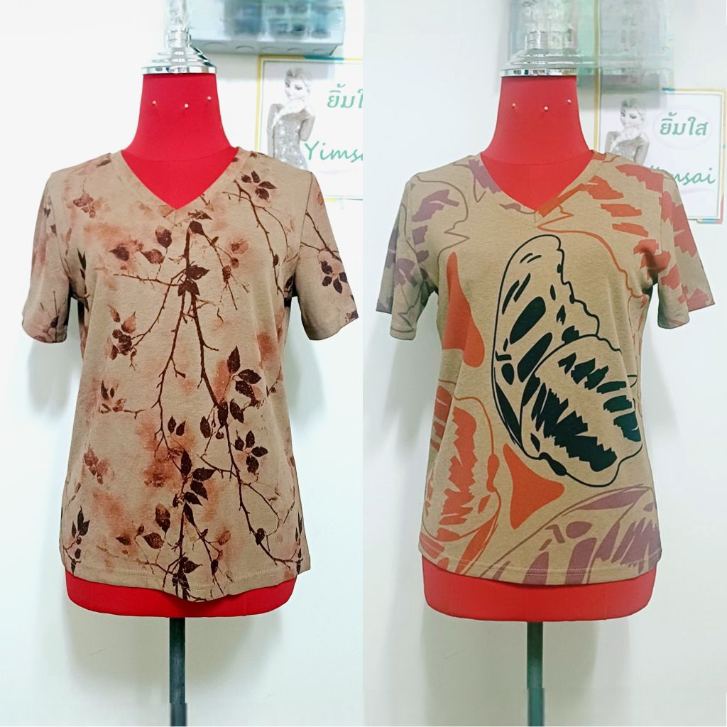 ป้าย Seri เสื้อยืดผ้าสลาฟ คอวี แขนสั้น