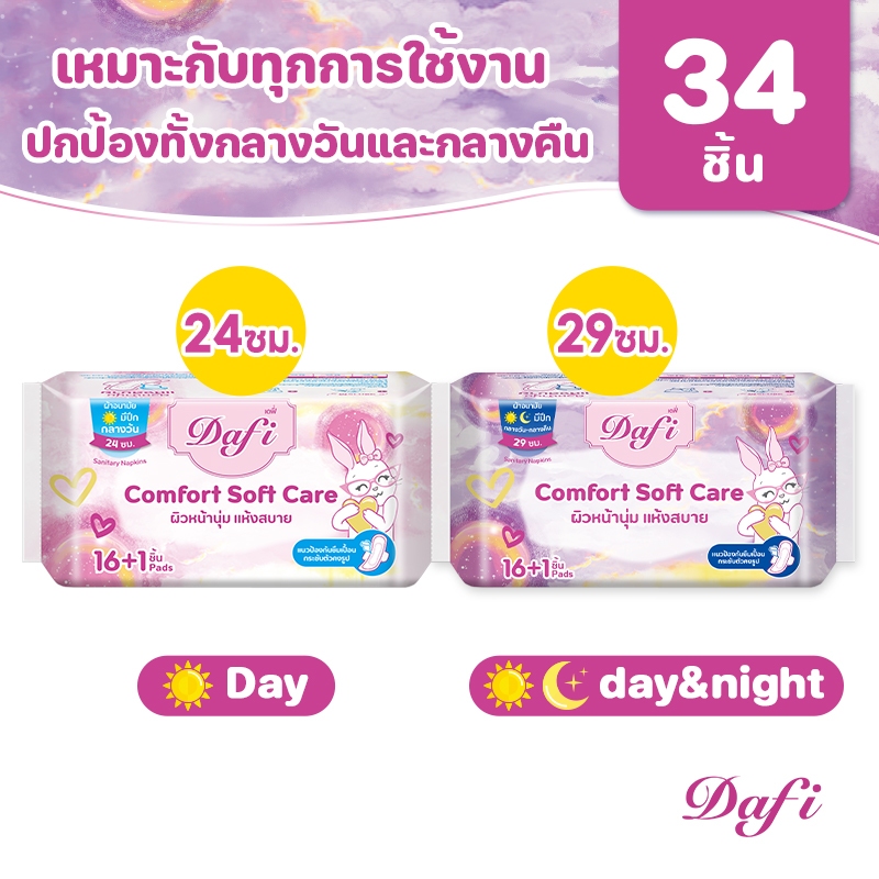 [รวม 2 แพ็ค] Dafi Comfort Soft Care เดฟี่ รีเอะซอฟท์ ผ้าอนามัยสำหรับกลางวัน/กลางคืน 24&29 ซม,34ชิ้น