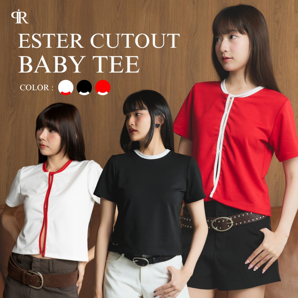 Panchitar Ester Cutout Baby Tee – เสื้อยืดดีไซน์พิเศษดีเทลตัดต่อแนวตั้งพร้อมกุ้นขอบสลับสี ราคาถูก Shopee Lazada