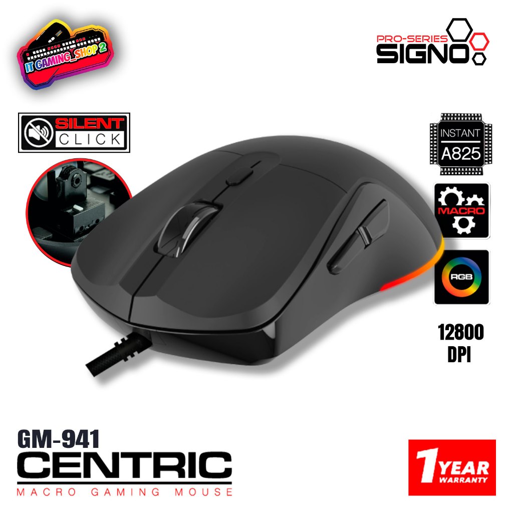 SIGNO GM-941 CENTRIC GAMING MOUSE (เมาส์) ไร้เสียงคลิก มาโคร | รับประกัน 1 ปี