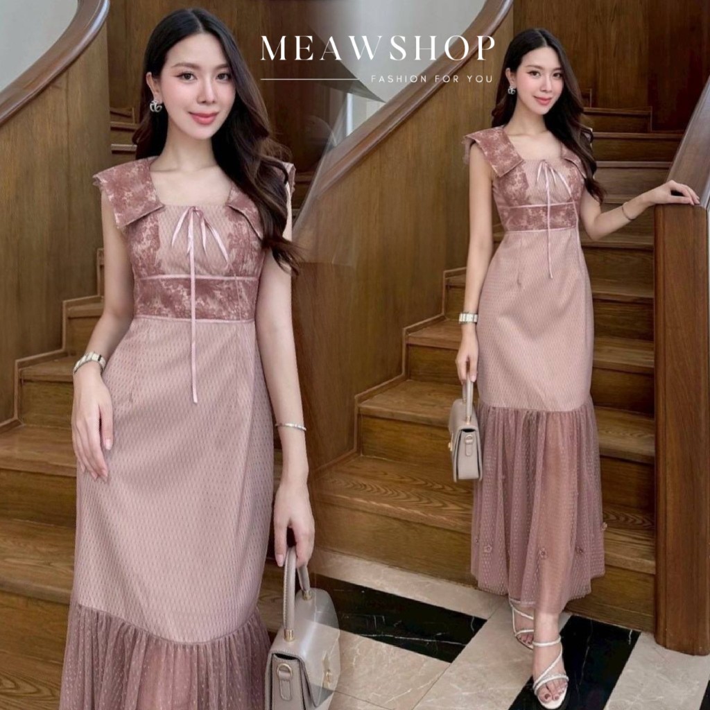 S-3XL เดรสยาวคอปกลูกไม้โบว์หน้า สวยเก๋ไม่ซ้ำใครค่ะ  ชุดออกงาน ชุดไปงาน ชุดไปทะเล ชุดใส่เที่ยว แฟนนาค