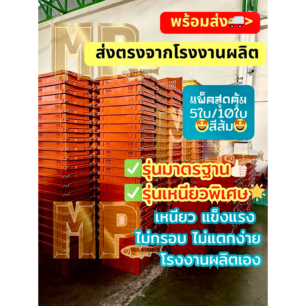 🧡ขายส่ง+(แพ็ค 5/10ใบ)สีส้ม ตะกร้าหูเหล็ก ตะกร้าผลไม้ 25kg ลังพลาสติ แข็ง ไม่กรอบ ส่งตรงโรงงานผลิตเอง