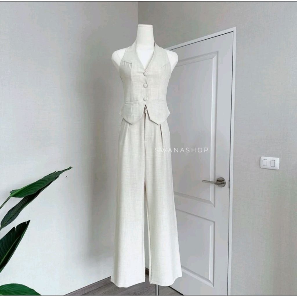 TopChoice " Della set " (Size: M) เสื้อคล้องคอ +กางเกงขายาวทรงกระบอก - Swanashop ไซส์ M