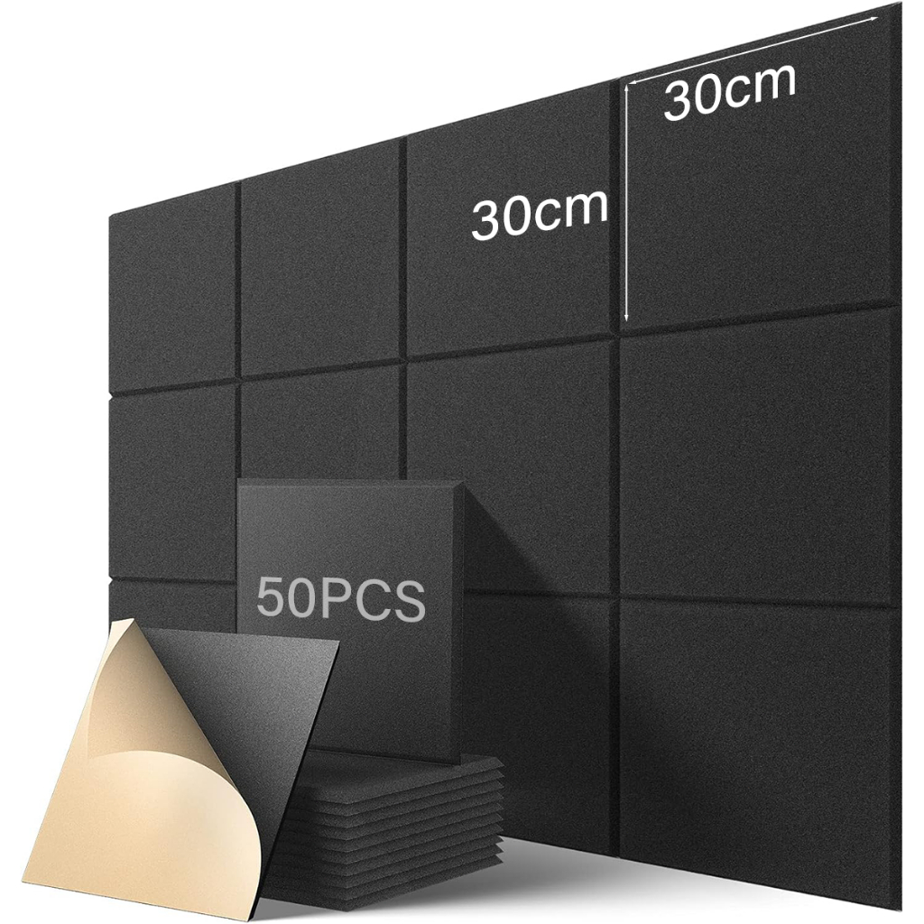 50pcs แผงโฟมอะคูสติก ดูดซับเสียง แผ่นเก็บเสียง ขนาด 30x26x0.9 ซม. มีกาวในตัว ลดเสียงสะท้อน กันเสียง สําหรับติดตกแต่งผนัง