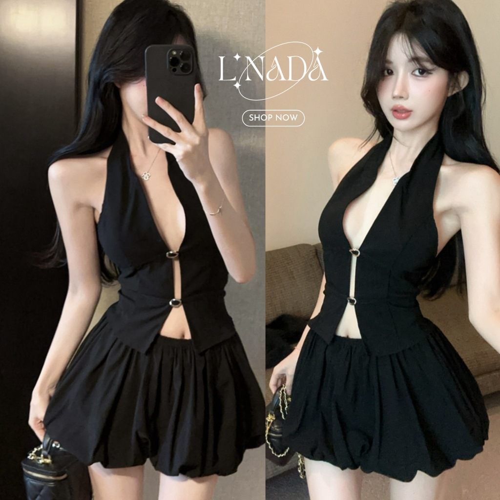 L'NADA【พร้อมส่ง】ซุดเซ็ทสองชิ้น คล้องคอ เว้าหน้า พร้อมกระโปรง สีดำ มี Size