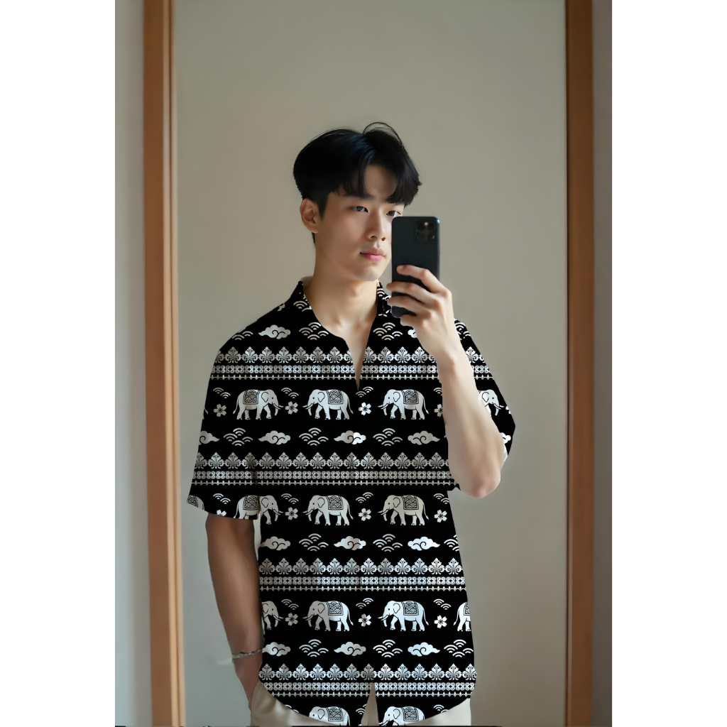 เสื้อฮาวาย ลายช้าง ผสมลายญี่ปุ่น  ผ้าไหมอิตาลี ผ้านุ่มใส่สบาย Freesize พร้อมส่ง Made in Thailand
