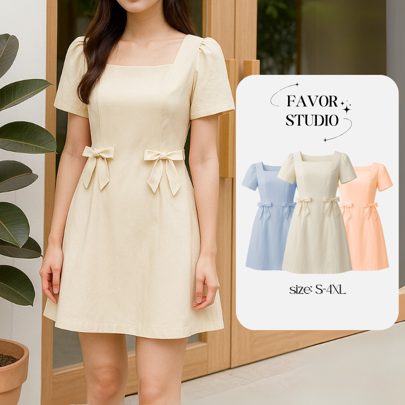 【S-5XL】  มินิเดรส คอเหลี่ยม แต่งโบว์ น่ารัก สไตล์มินิมอลเกาหลี เข้ารูปสวย เดรสพลัสไซซ์ เดรสออกงาน